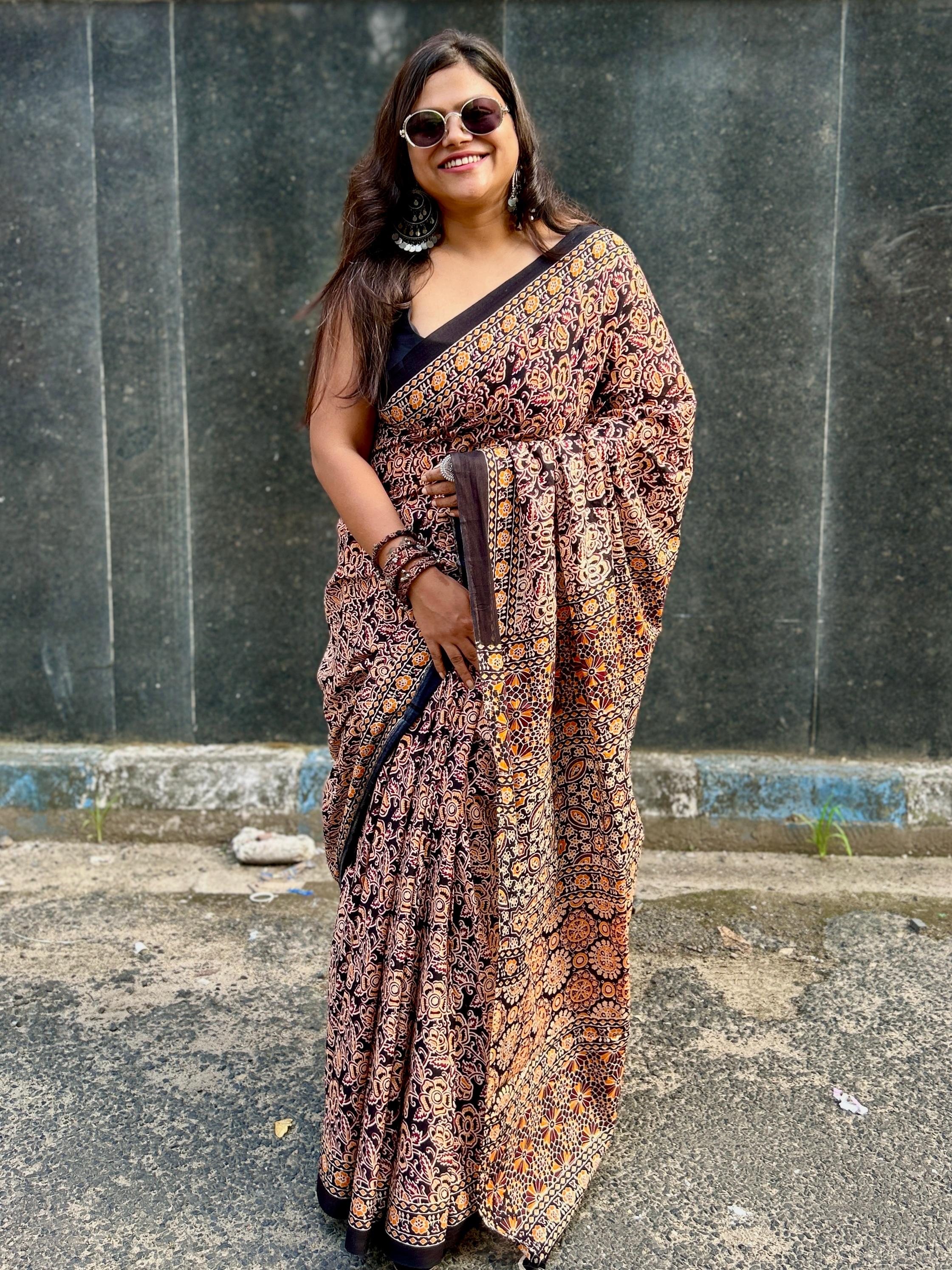 Ajrakh Ambar Mul Mul Saree