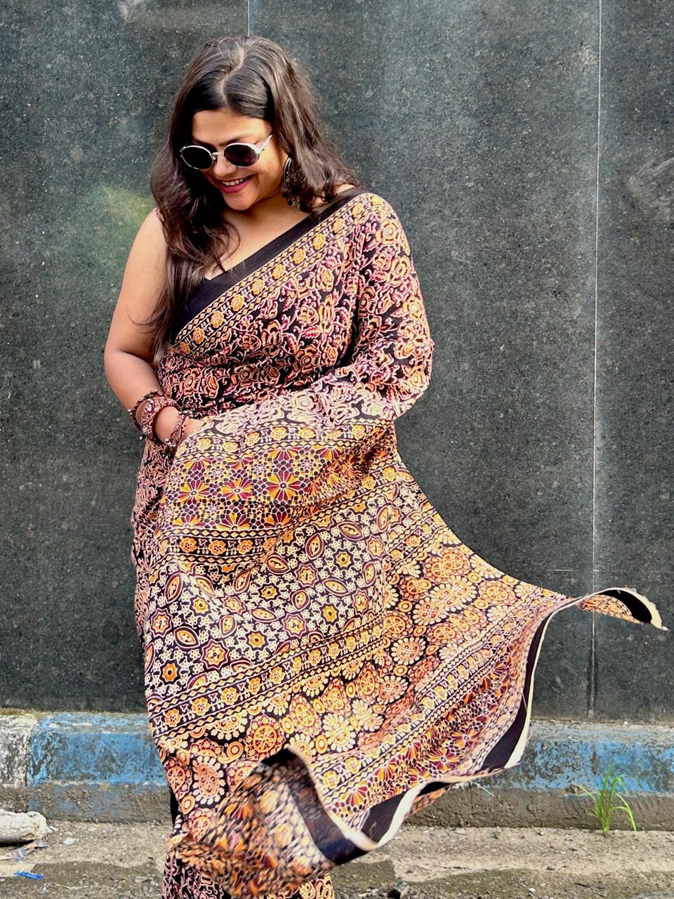 Ajrakh Ambar Mul Mul Saree