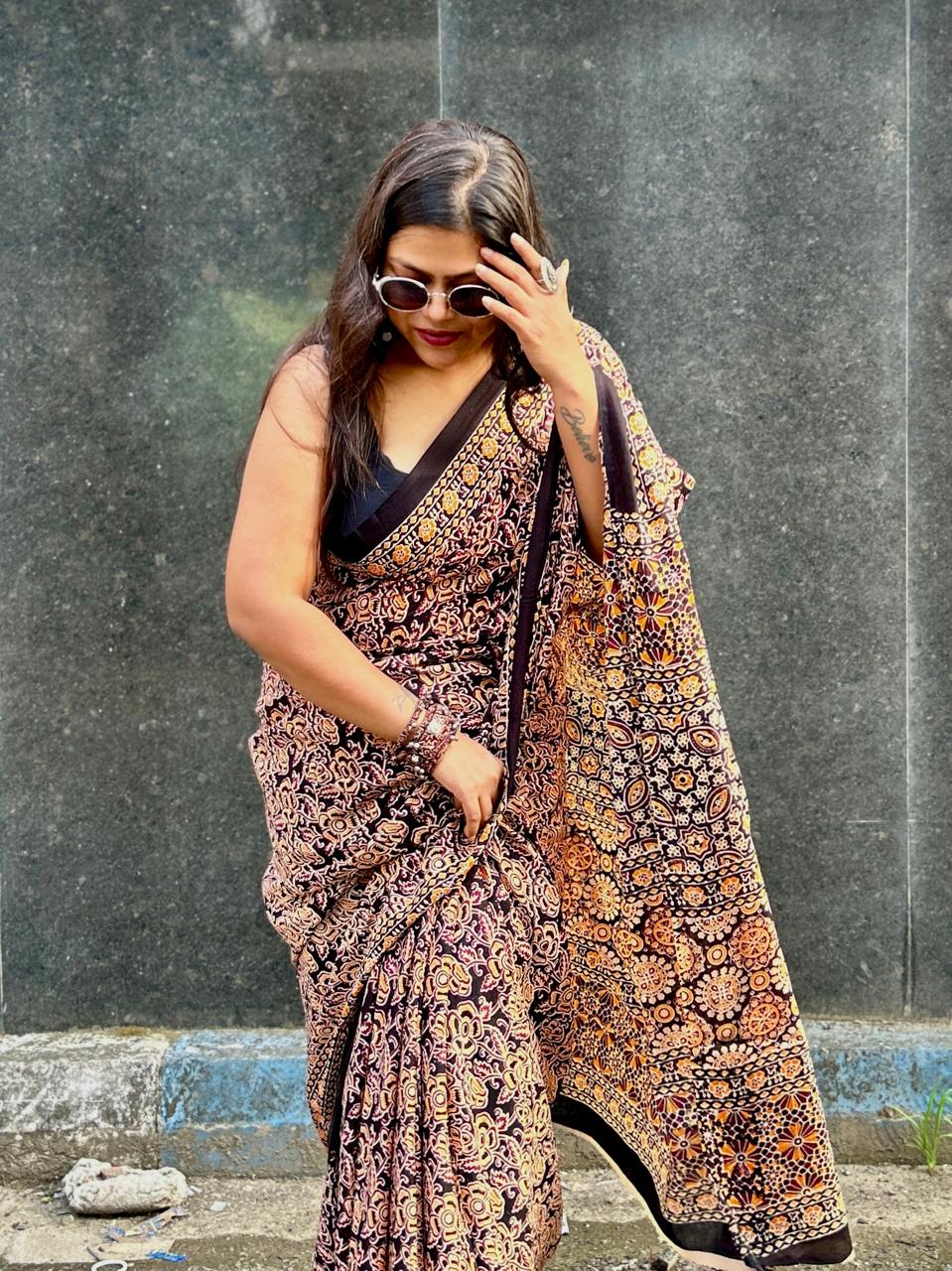 Ajrakh Ambar Mul Mul Saree