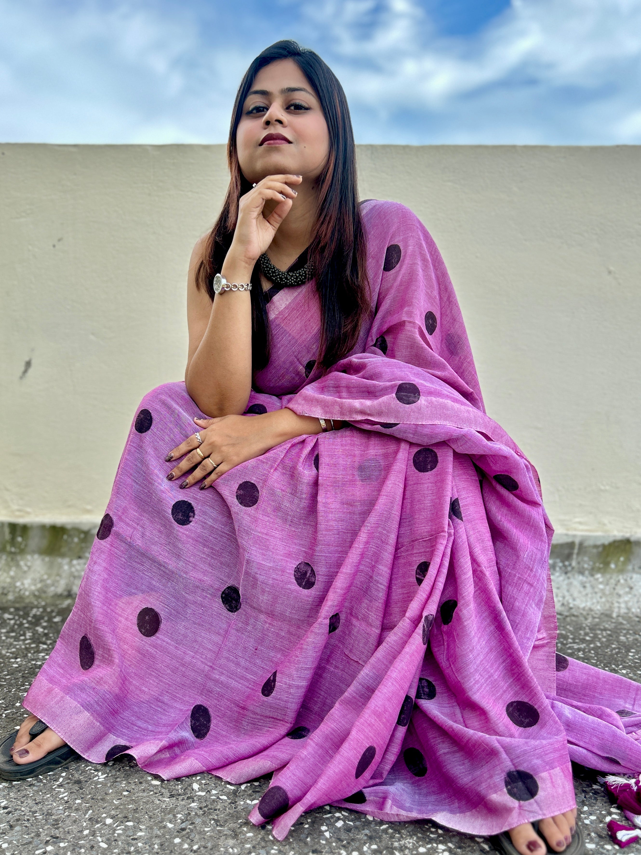 Polka Noir Mul Mul Saree