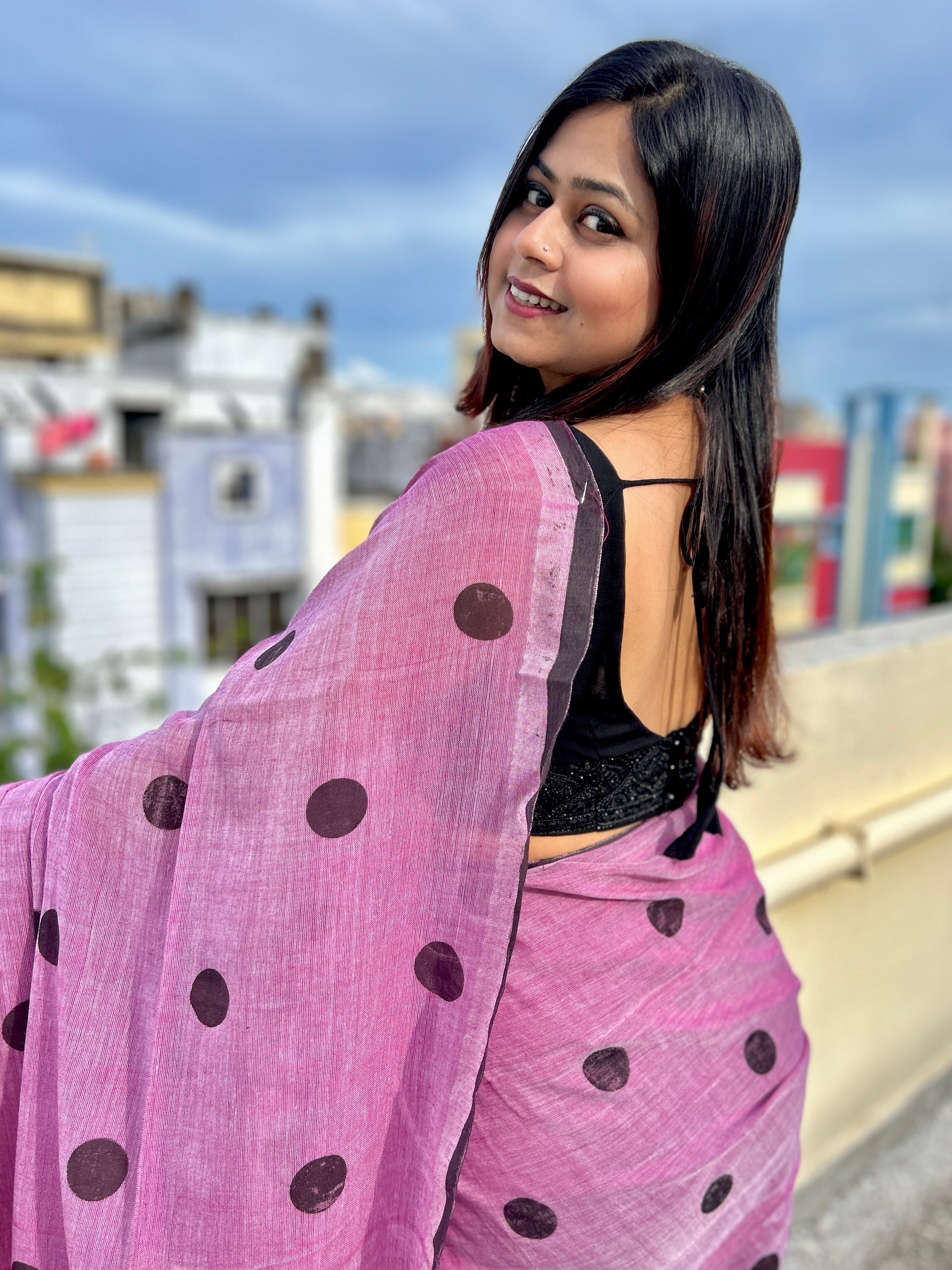 Polka Noir Mul Mul Saree