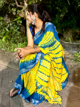 Sunset Breeze Handcrafted Tie-Dye Linen Saree
