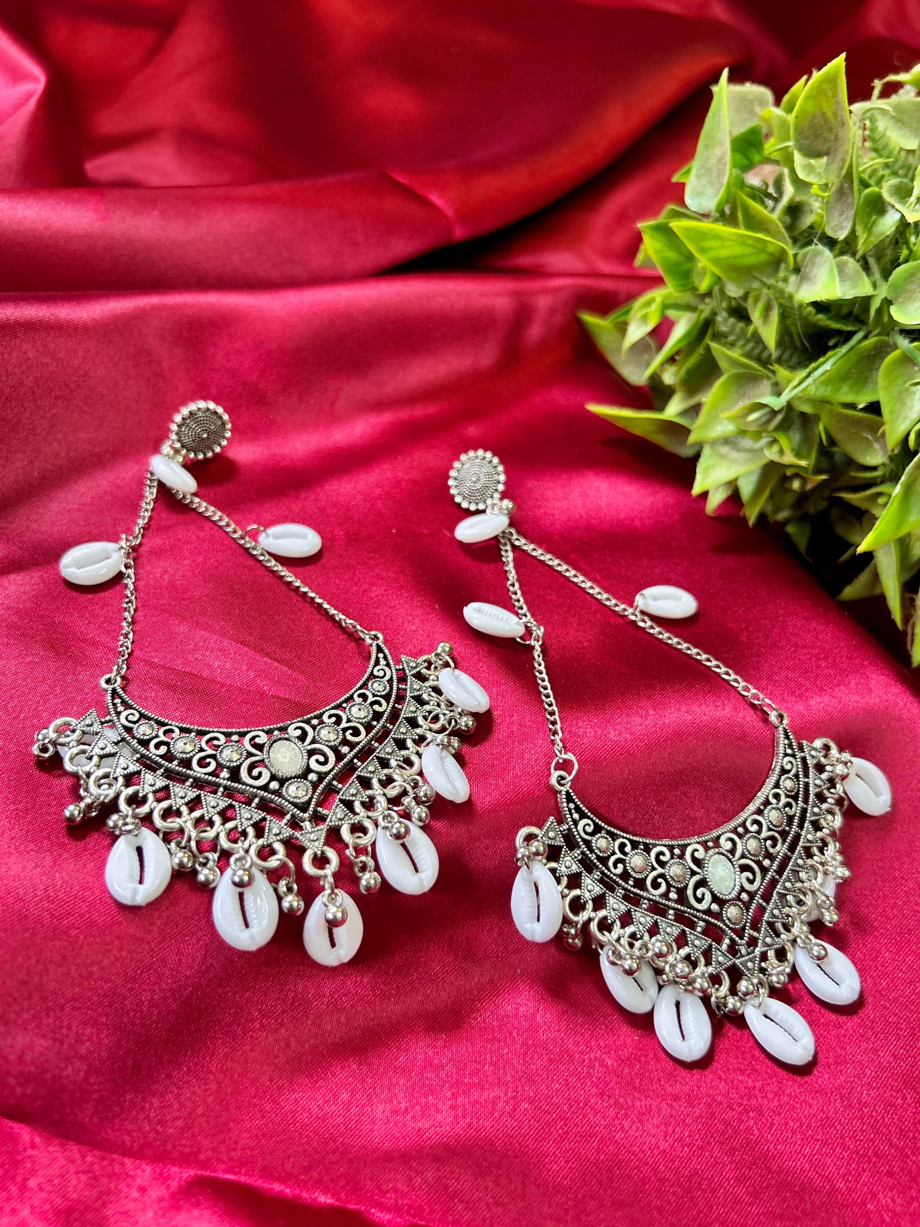 Samudrika Oxidised Shell Long Earrings