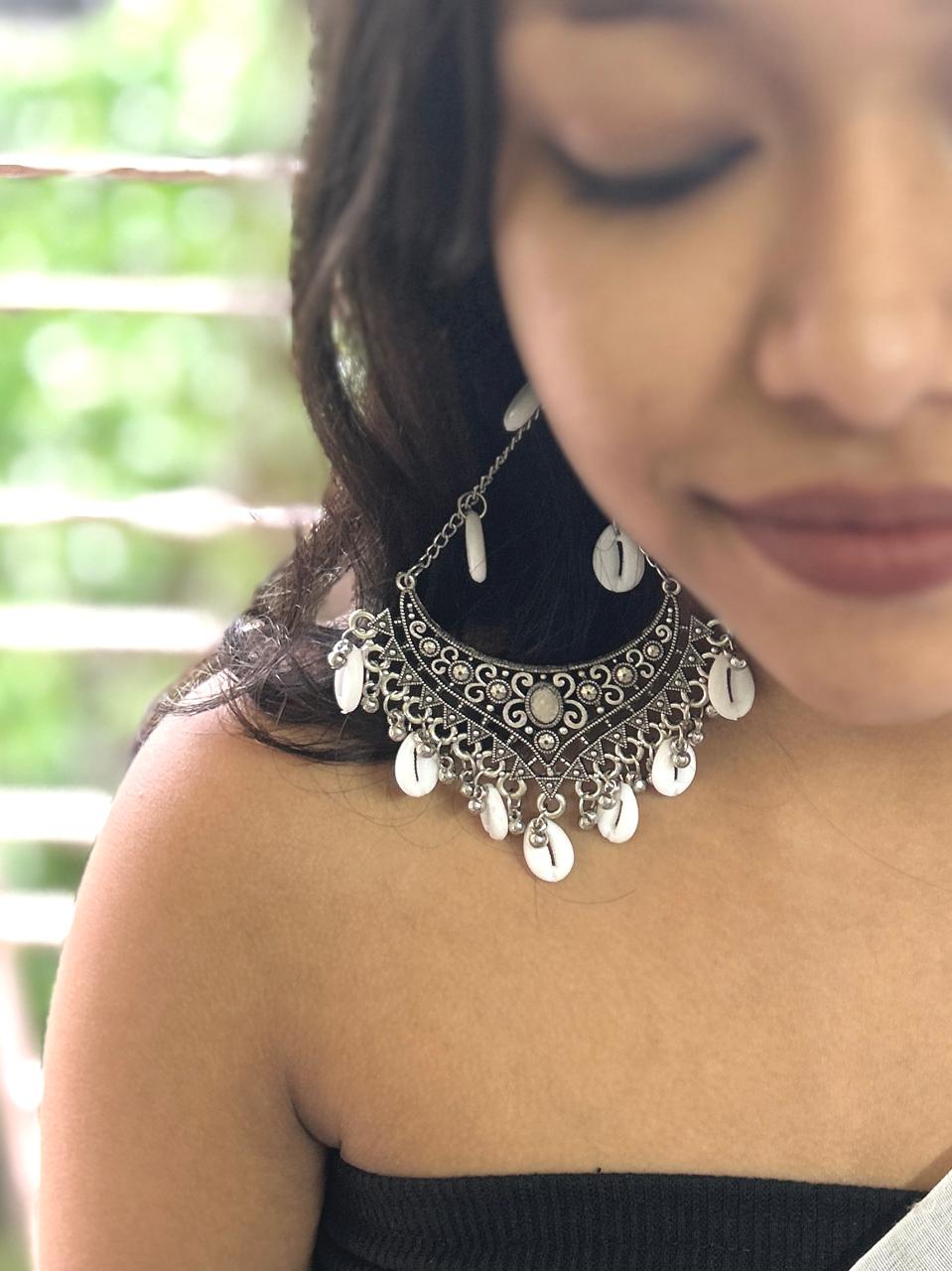 Samudrika Oxidised Shell Long Earrings