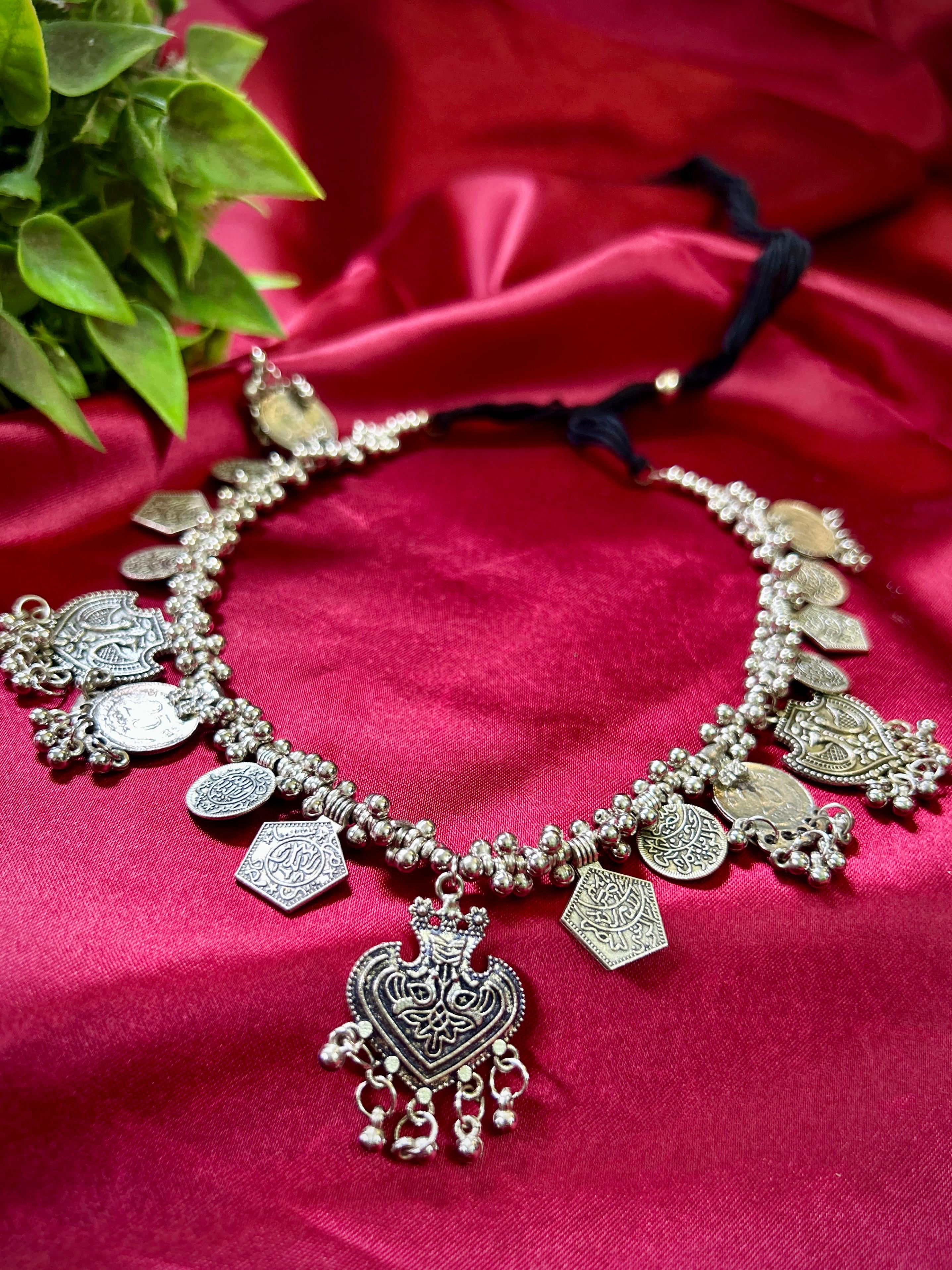 Vintage Coin Charn Oxidised Necklace