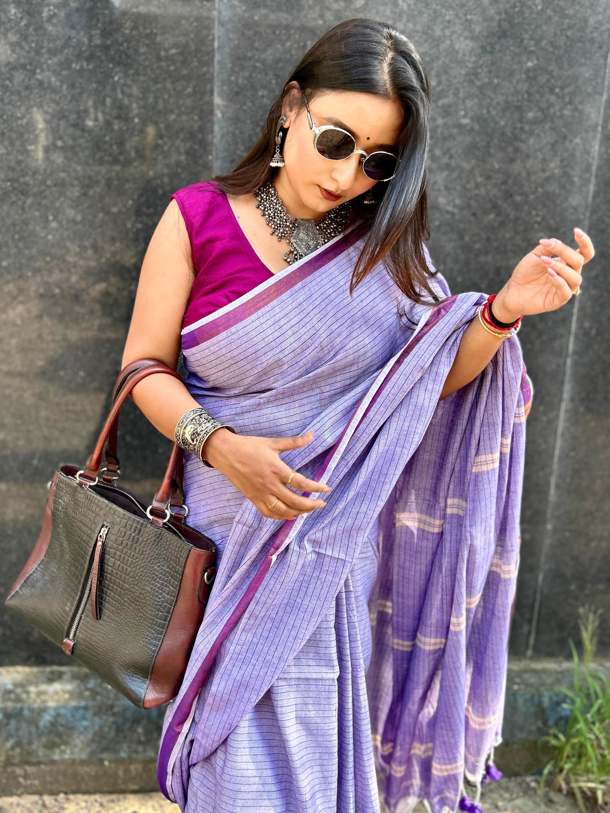 Lavender Lines Cotton Saree